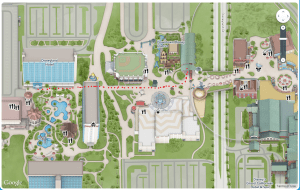 Follow the red line to see how to get from Monorail station from Disneyland Hotel