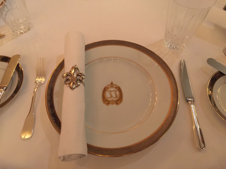 Beautiful table arrangement when you sit down. They quickly whisk the Club 33 plate away though, probably so people don't try to steal it. 